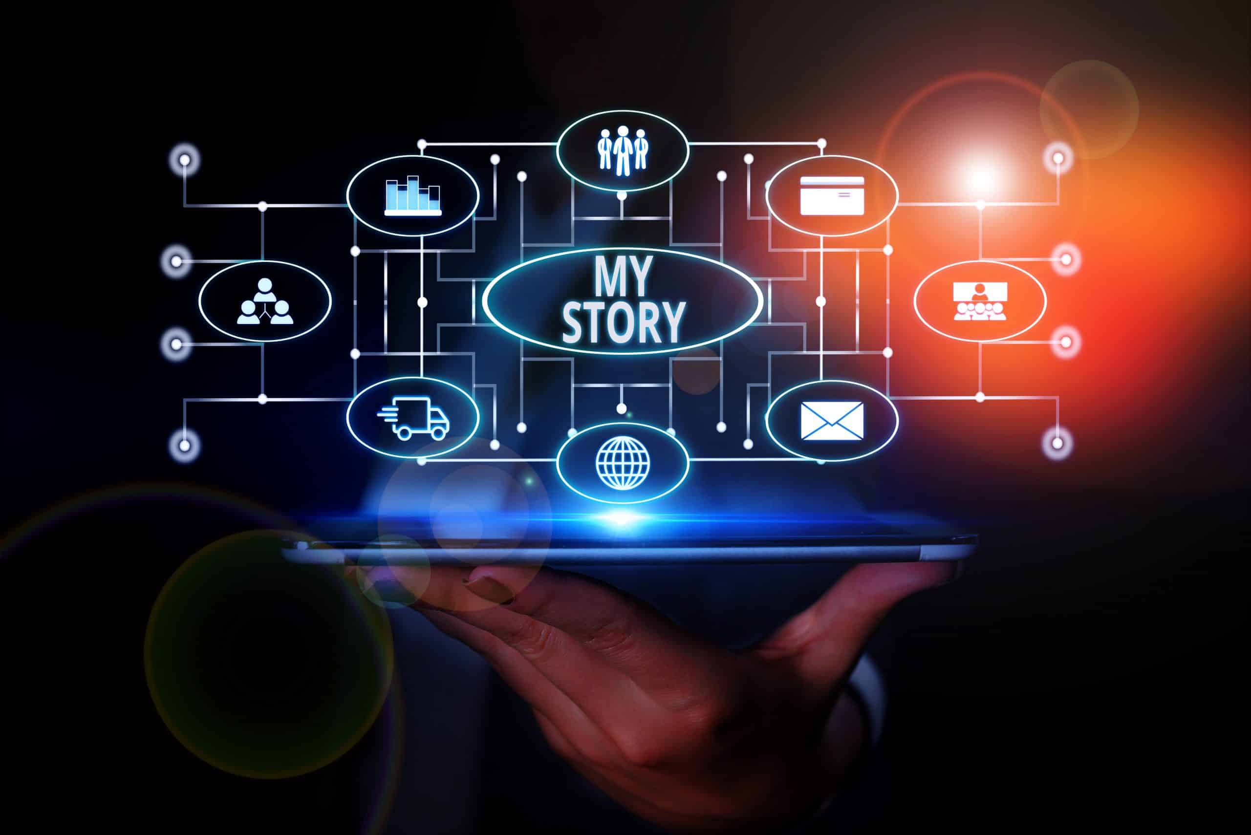 A hand holds a tablet displaying a digital MY STORY graphic, surrounded by interconnected icons representing business, communication, and networking concepts.